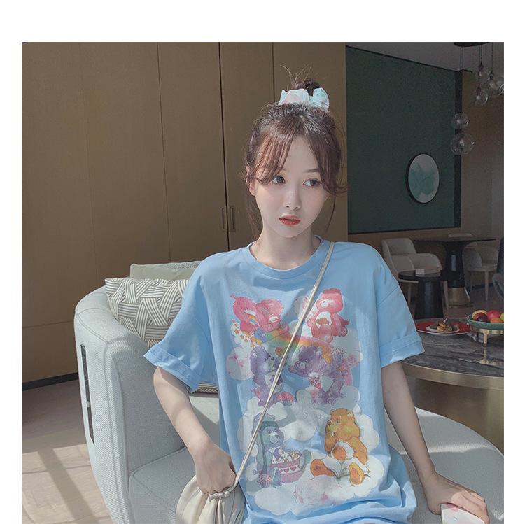 

2024 Blue Bear Short-Sleeved Loose T-Shirt - Trending Casual Summer Top for Women L синій