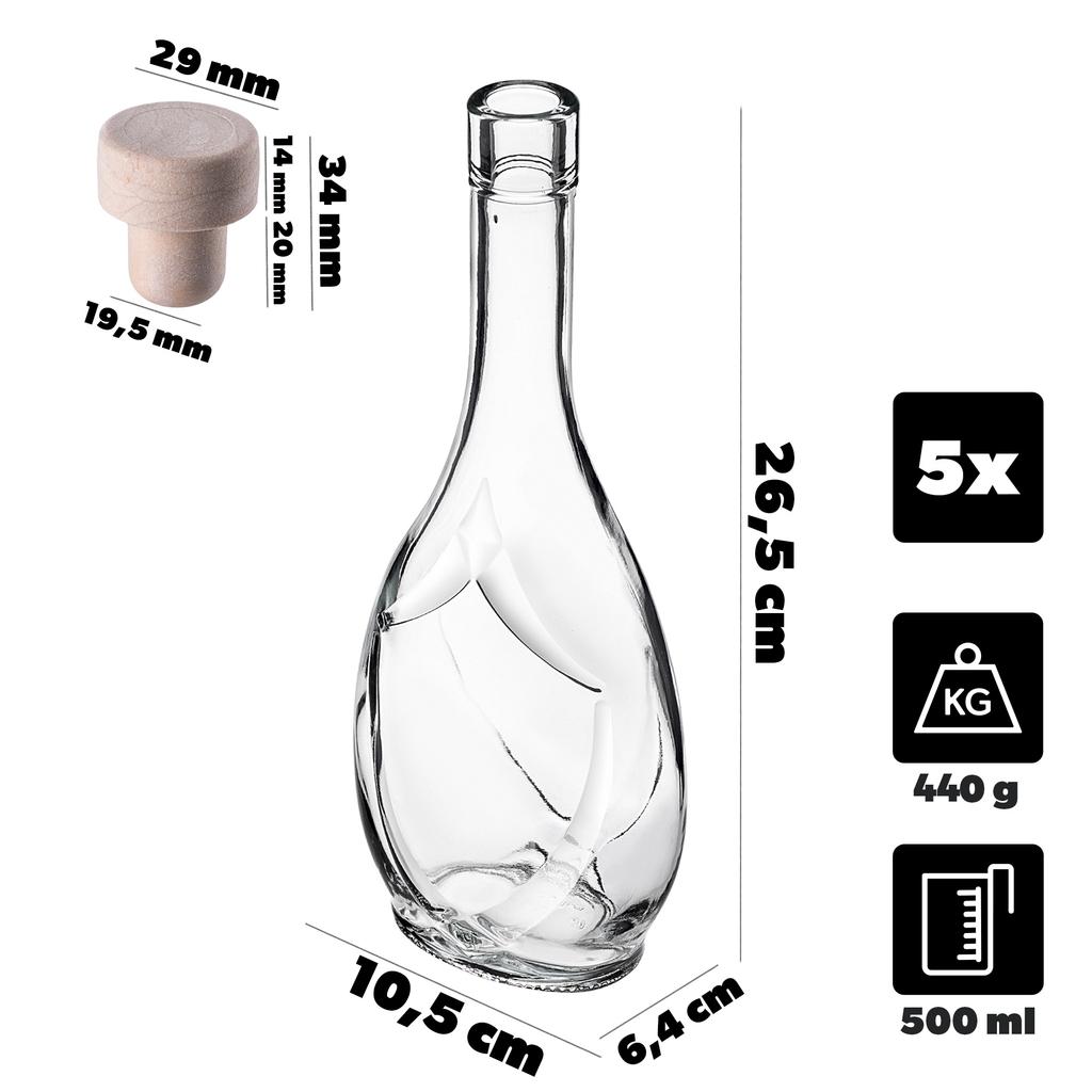 KADAX Glass Bottle for Liqueur 500ml with Synthetic Cork 5pcs.