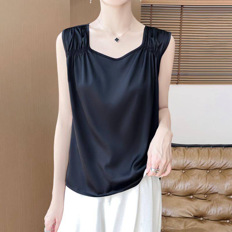 

Women s Summer Silk Satin Camisole: Solid Color Sleeveless Loose Fit Base Shirt 2XL (135-150 jin)