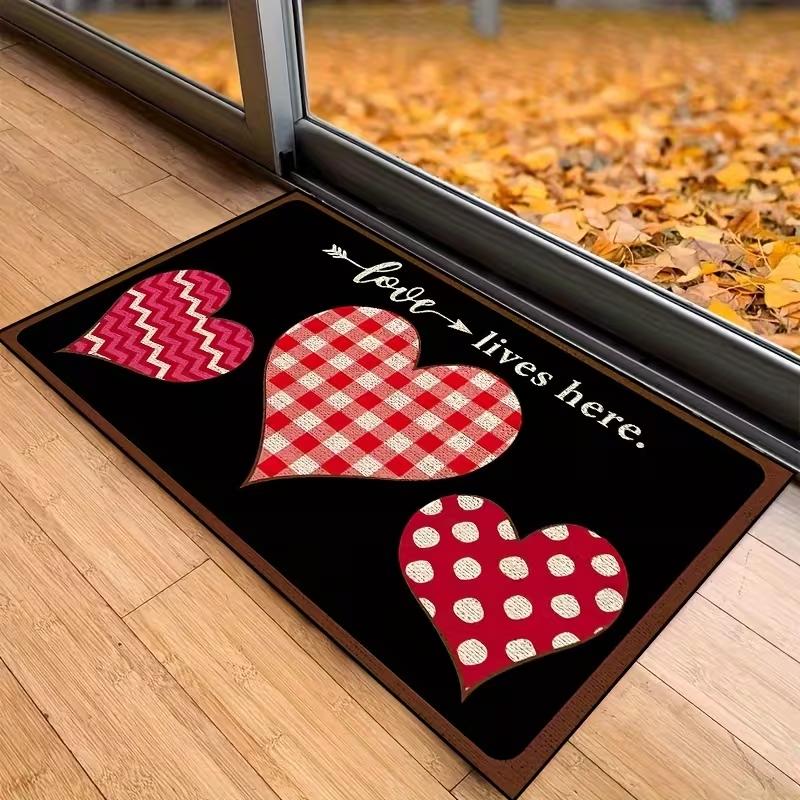 Checked Heart Print Doormat Sweet Cute Home Decor Rug Water-absorbent Non-slip Mat for Doorway Living Room Valentine's Day Dec