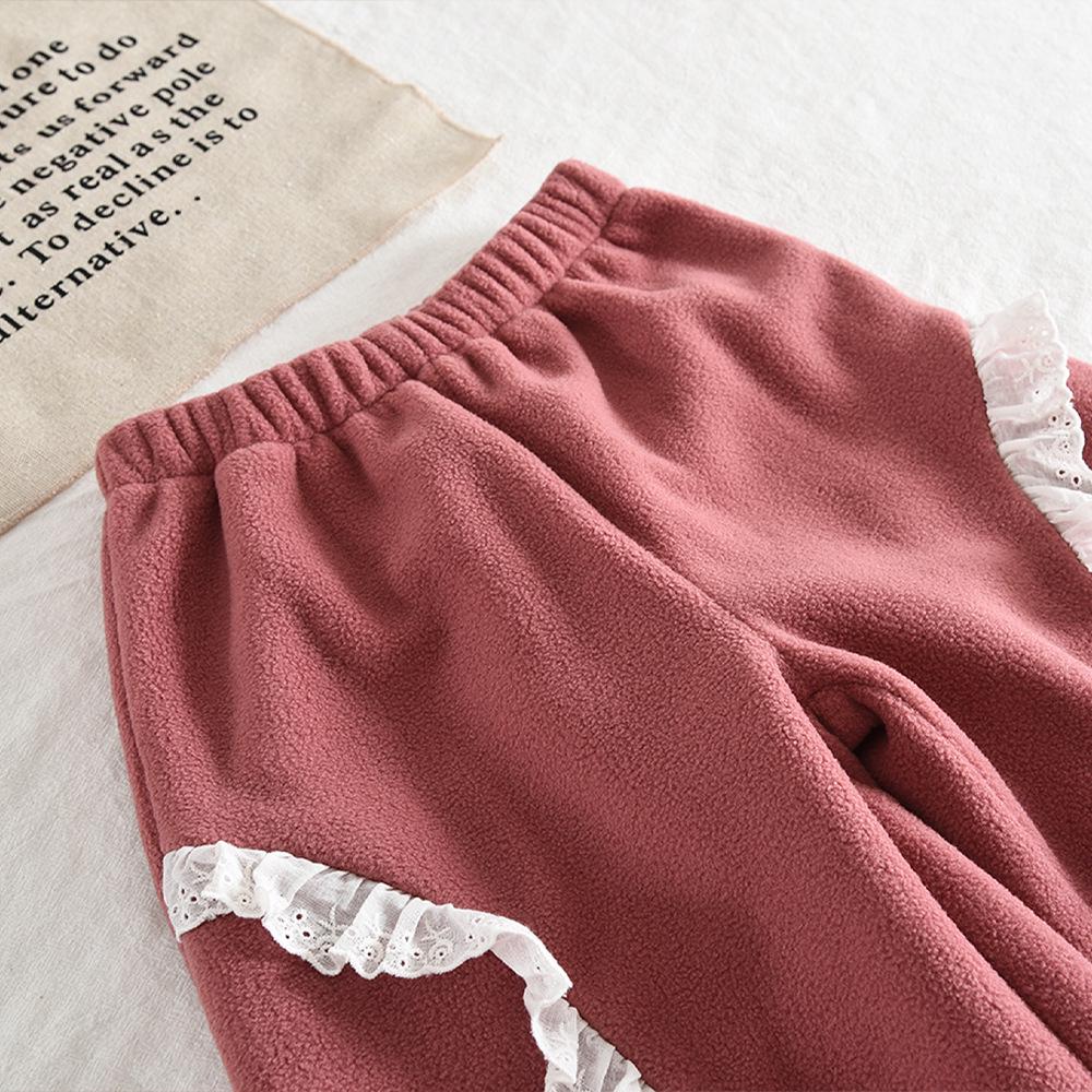 Winter Baby Girls' Cute Lace Lantern Sleeve Fleece Top & Long Pants Korean Style Two-Piece Set