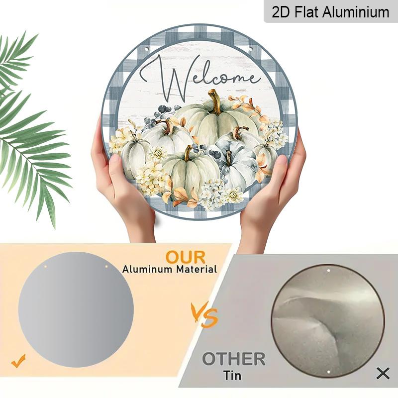 2D Flat, 1pc Round Aluminum Hanging Sign, "Welcome" Pumpkins Grey Autumn Metal Sign, Farmhouse Front Porch Yard Patio Home Autumn Wall Decor