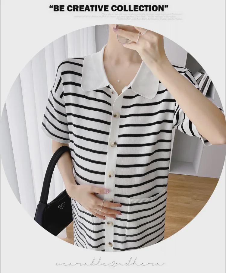 2023 Summer Korean Striped Knitted Short Sleeve Maternity Dress