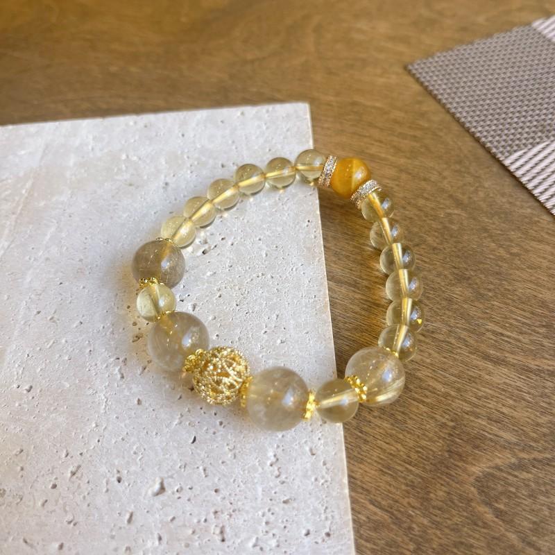 Handmade Natural Citrine Bracelet With Rutilated Quartz Beads 8mm Large Stylish Minimalist Womens Jewelry Gift