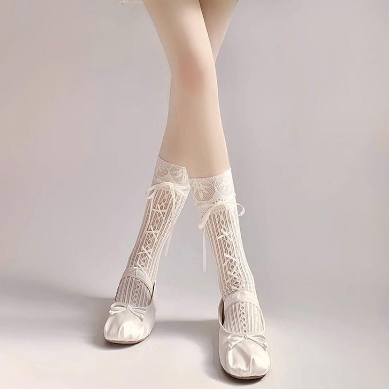 Sweet Bow Ribbon Lace Calf Socks Lolita Strappy Mid-tube Socks Soft Breathable Hollow Japanese Style Jk Socks