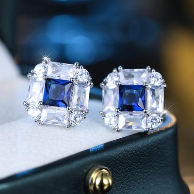 Bling White Blue Cubic Zirconia Stud Earrings for Women Ear Piercing Party Accessories Anniversary Birthday Gift Jewelry