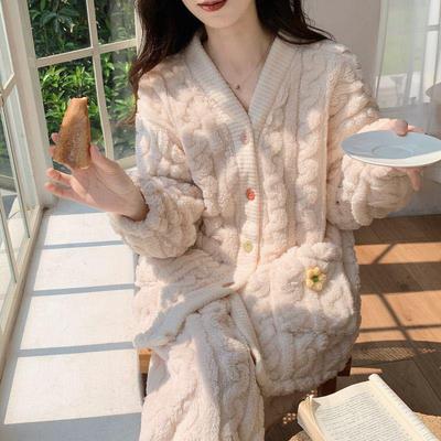 Women's Winter Coral Fleece Pajamas Set, Wearable Outdoors, Jacquard Cardigan, Long Sleeve & Pants, Cozy Homewear.