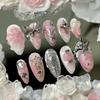 24Pcs Y2K Pink French Press On Nails 3D Metallic Silver Star Butterfly Almond False Nails Sweet Cool Wearable Manicure