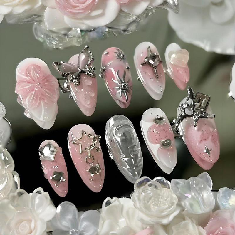 24Pcs Y2K Pink French Press On Nails 3D Metallic Silver Star Butterfly Almond False Nails Sweet Cool Wearable Manicure