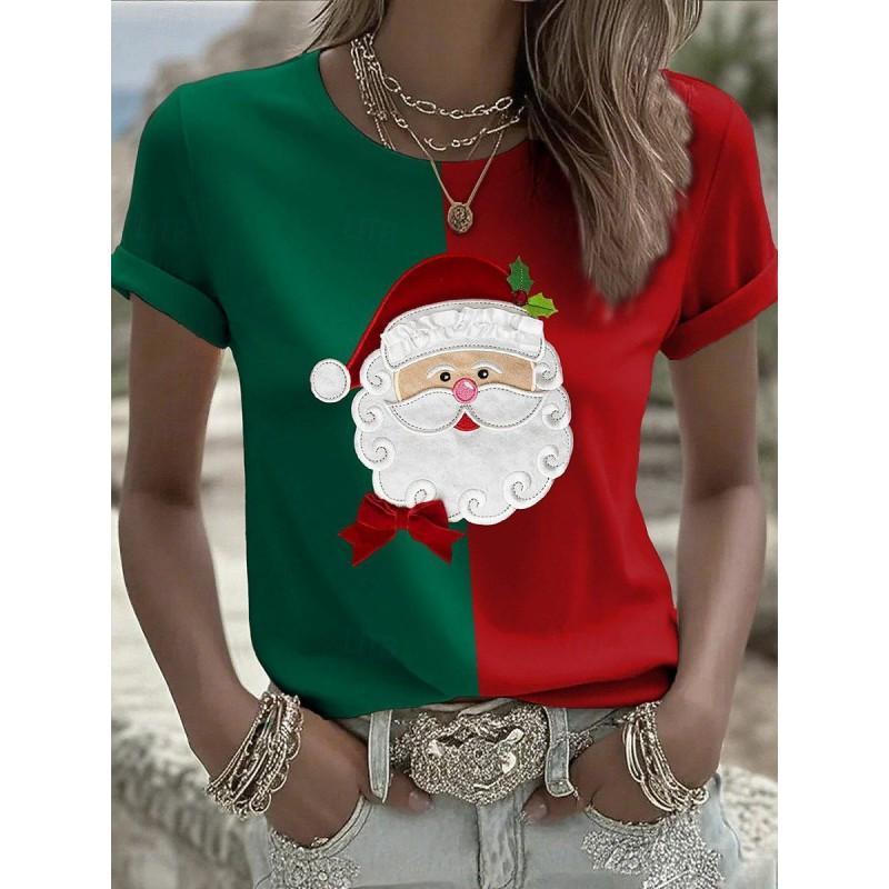 Womens Slim Fit Round Neck Short Sleeve T-Shirt With 3D Santa Claus Print Soft Cotton-Feel Fabric Casual Office Wear