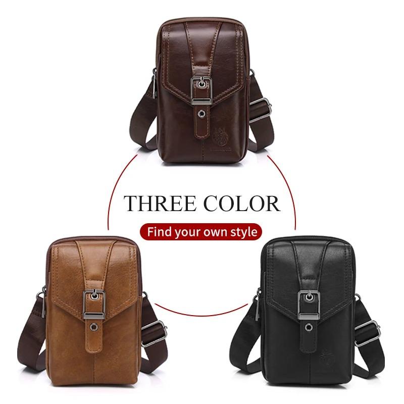 Men's genuine leather small shoulder crossbody phone bag with anti-theft multifunctional buckle