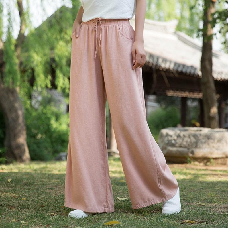 Cotton and Linen Lace-up Trousers Women's Retro Loose Women's Trousers Wide-leg Pants