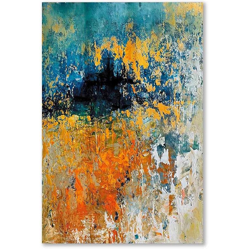 

Оранжевая абстрактная картина - Синее современное произведение искусства для декора гостиной - 16x24 дюйма без рамы 24L x 16W