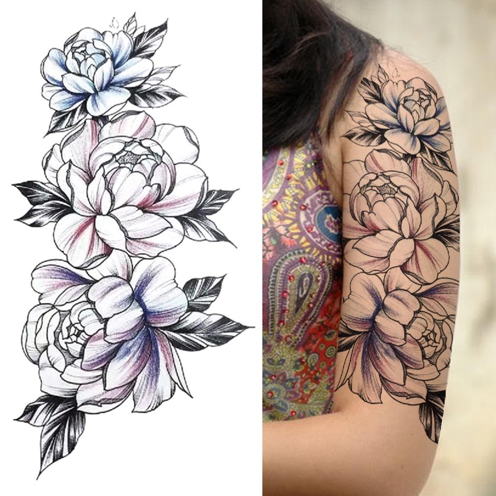 Realistische Nep Pioenroos Tijdelijke Tatoeages Voor Vrouwen Meisje Zwarte Roos Olifant Bloemen Tatoeage Sticker Tijger Anemoon Tatoeages Halfmouw