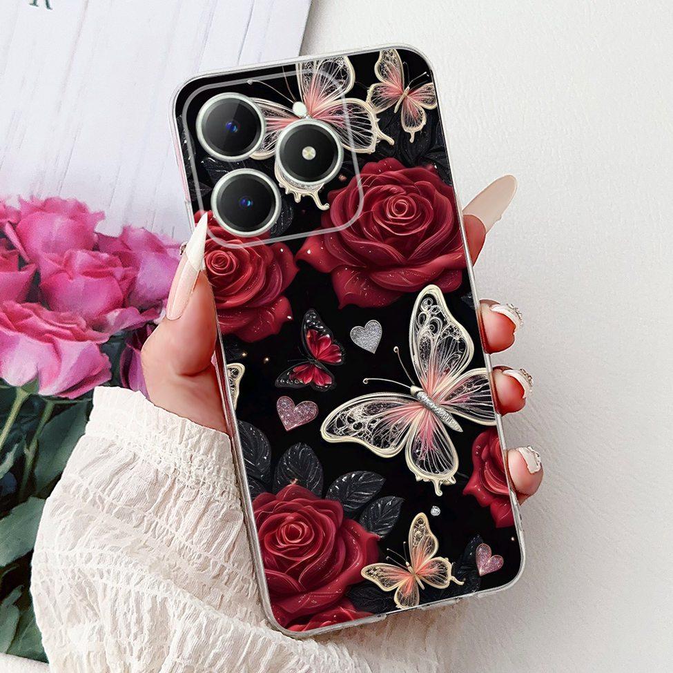 4G Clear For Realme Note 60 Case RMX3933 Luxury Butterfly Love Flowers Cool Lion Painted Phone Case For Realme Note 60X RMX3938
