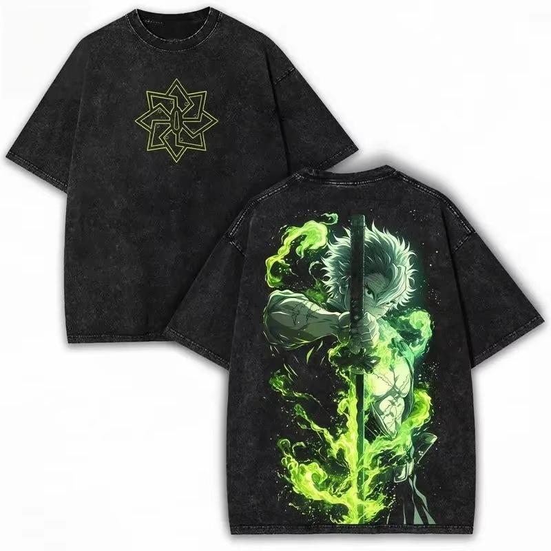 

Men s T-shirt Shinji Pattern Washed T-shirt From Demon Slayer Men s and Women s Harajuku Style Casual Wear S