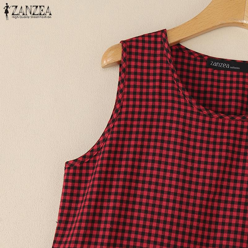 ZANZEA Rochie de vară casual pentru femei, cu gât rotund, fără mâneci, cu imprimeu carouri