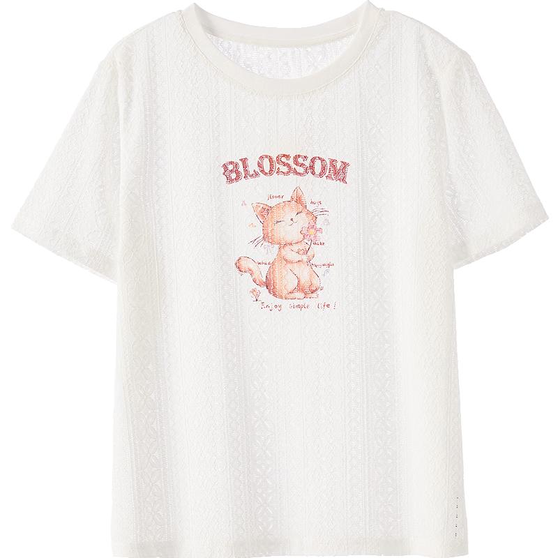 BETU Women s Lace Cat Print Short Sleeve T-shirt S