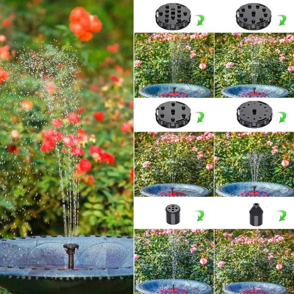 Outdoor Solar Fountain 5V 3W Built-in 1200mAh Battery Fountain with 6 Nozzles DIY Floating Bird Bath Fountain IP65 Waterproof
