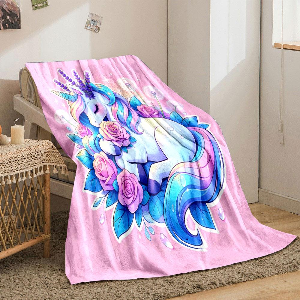 1PC Unicorn Flower Pink Background Print Warm Comfortable Blanket Home Travel Camping for Adults and Kids Luxury Gifts