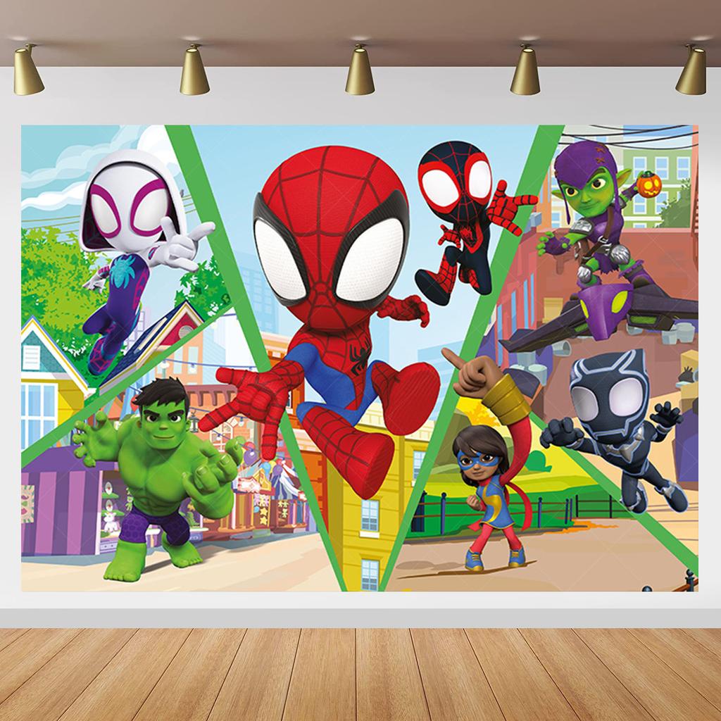 Spider-Man and his amazing friends cartoon photography background children's birthday decoration background props room poster
