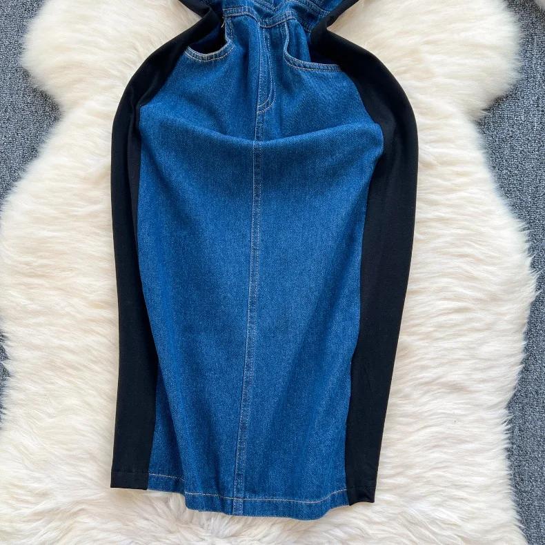 New Trendy Casual Dress Women's Contrast Vintage Denim Panel Short Sleeve Slim Fit Pencil Dress