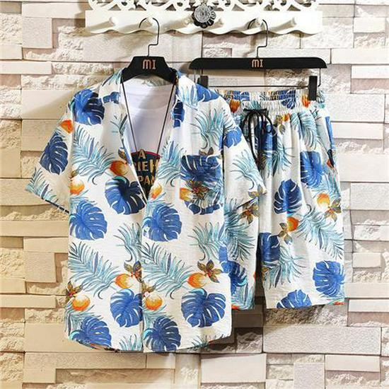 Men's Ice Silk Quick-Dry Floral Two-Piece Set: Trendy Summer Short-Sleeve Shirt & Beach Shorts, Couples' Matching Outfit.