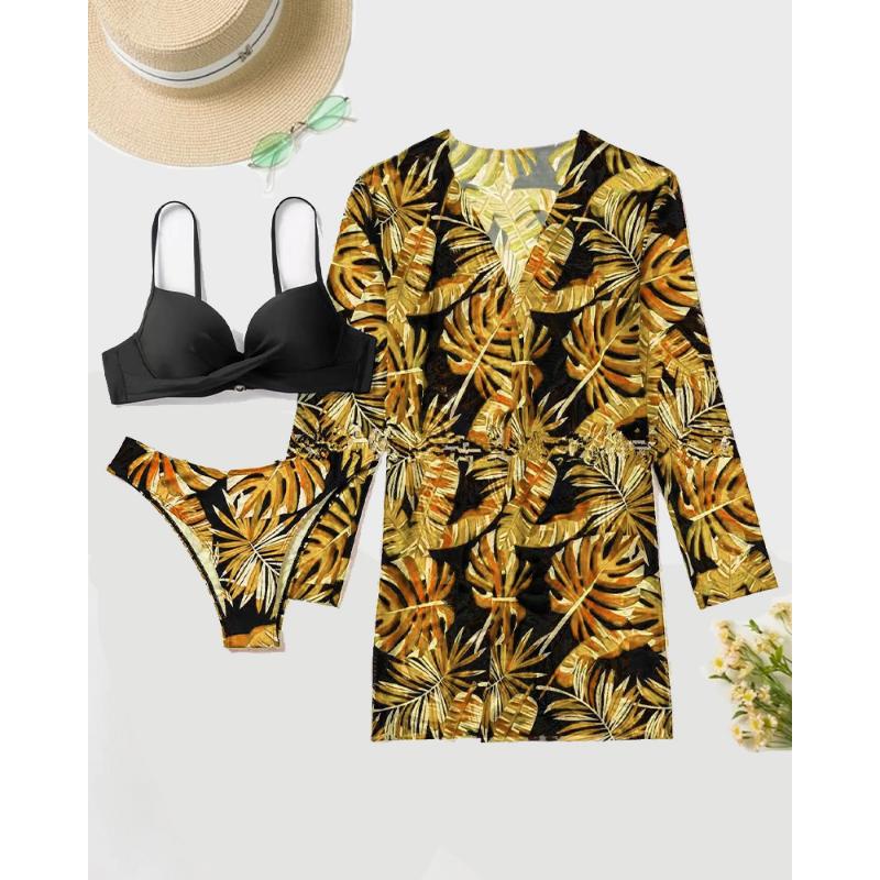 Dámská sada bikin s květinovým potiskem Sexy třídílná plážová pokrývka nahoru Push Up Léto s dlouhým rukávem Twist plavky