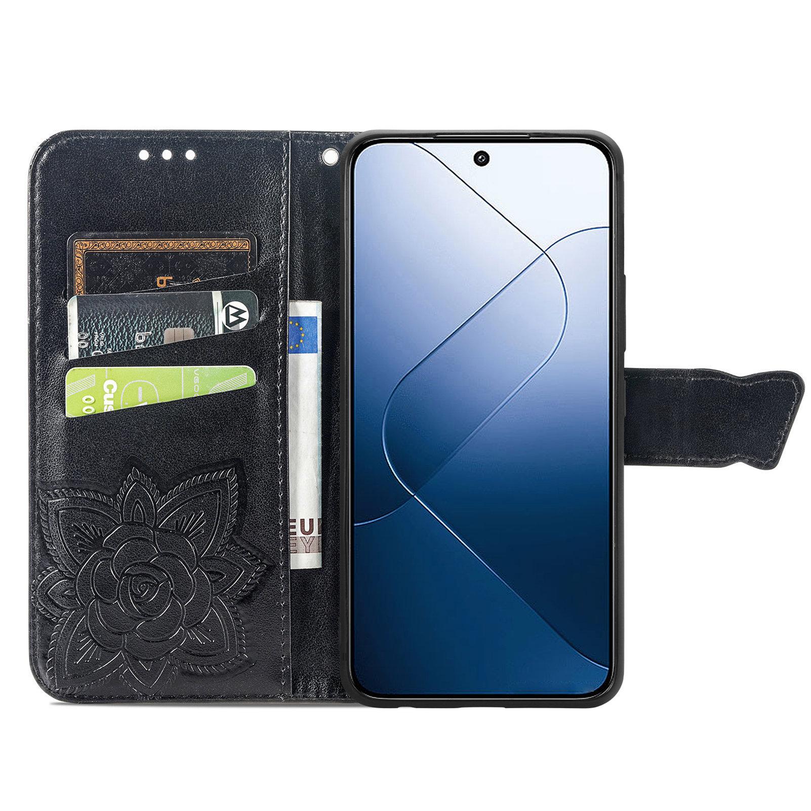 

For Xiaomi 14T Case PU Leather Wallet Phone Cover Butterfly Pattern Black