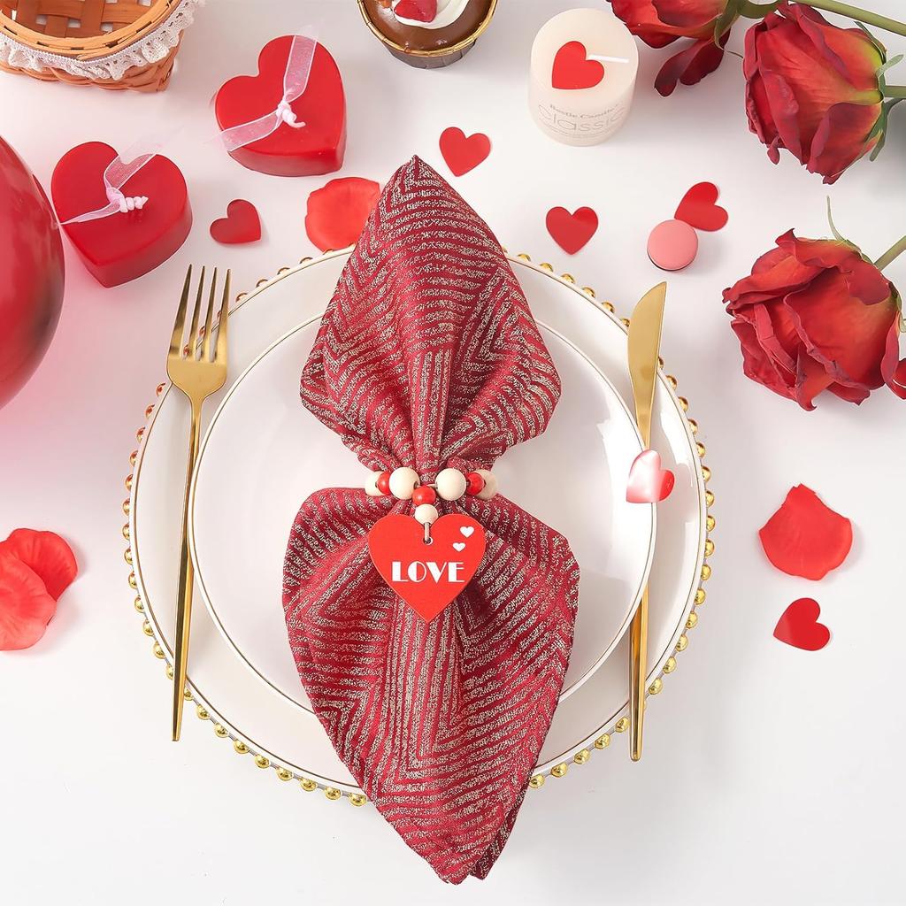 APTWOW Valentine Napkin Rings Set of 6, Wood Bead Red Heart Valentines Napkin Rings, Valentines Napk Rings for Valentines Table Decor, Wedding,