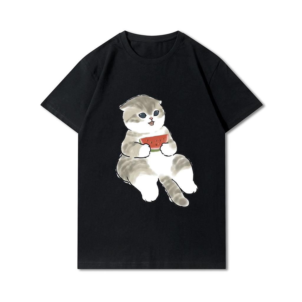 Plus Size Cats Shark Printed Women T Shirts Round Neck Cotton Tops Summer Animal Y2K Fashion 90S Casual Oversize Black Tees