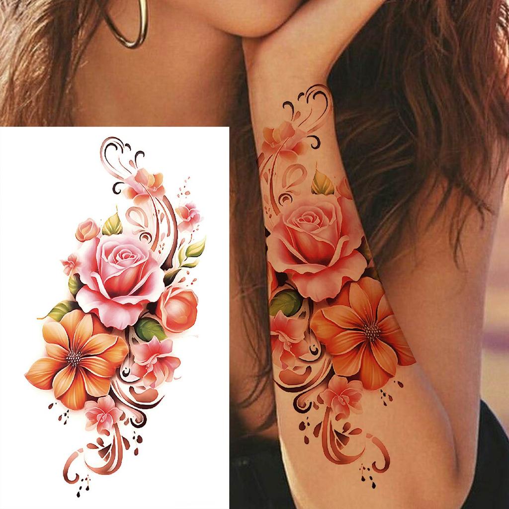 1 Sheet Flower Temporary Tattoos For Women Girls Arm Leg Forearm Body Watercolor Tattoo Sticker 3D Fake Peony Dahlia Rose Floral
