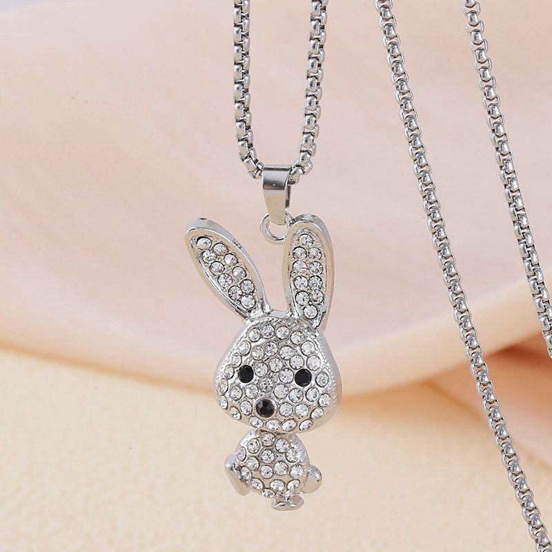 Cute Elf Bunny Pendant Necklace Zircon Design Stainless Steel Clavicle Chain Necklaces Jewelry Gif