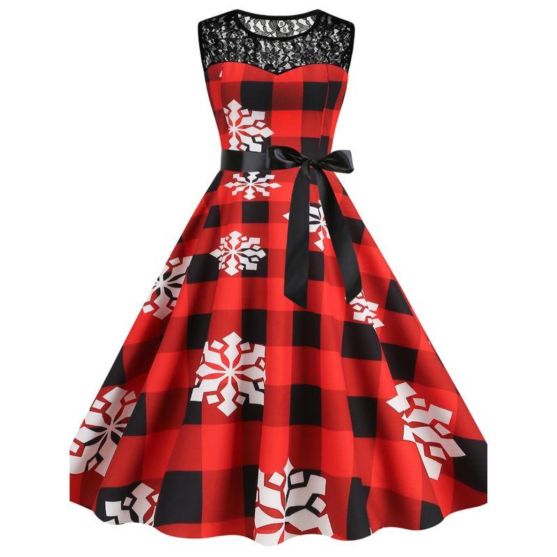 Fashion Round Neck Lace Patchwork Christmas Gingham Mid Length Long Length Sleeveless Dress Side Zipper Belt Dress for Women