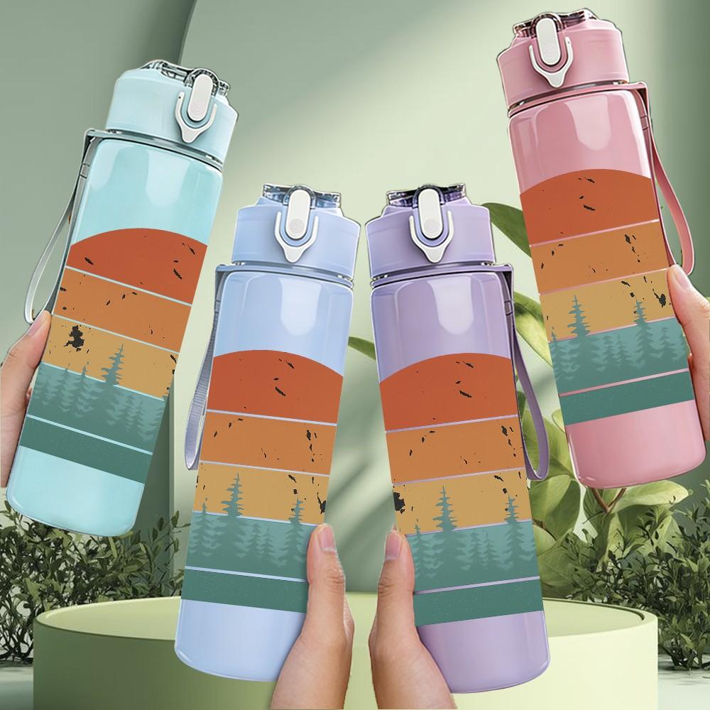 1PC Retro Circle Mountain Sunset Art 750ml Color Plastic Sports Water Bottle Leakproof Flip Straw Lid Suitable for Sports Office Home Use