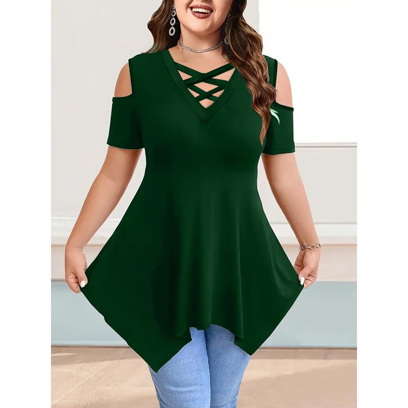 V-Neck Off-Shoulder Short Sleeve Crossover Strap Women's T-Shirt