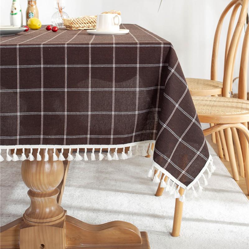 Cafe Double-Line Plaid Cotton Polyester Hemp Tassel Geometric Rectangular Dining Table Coffee Table Tablecloth Tablecloth