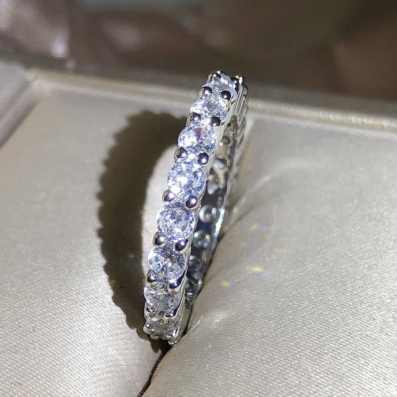 New Fashion Single Row Full Diamond Claw Set Ring Women  Stamp Bling Bling Round Zirconia Party Wedding Jewelry Gift