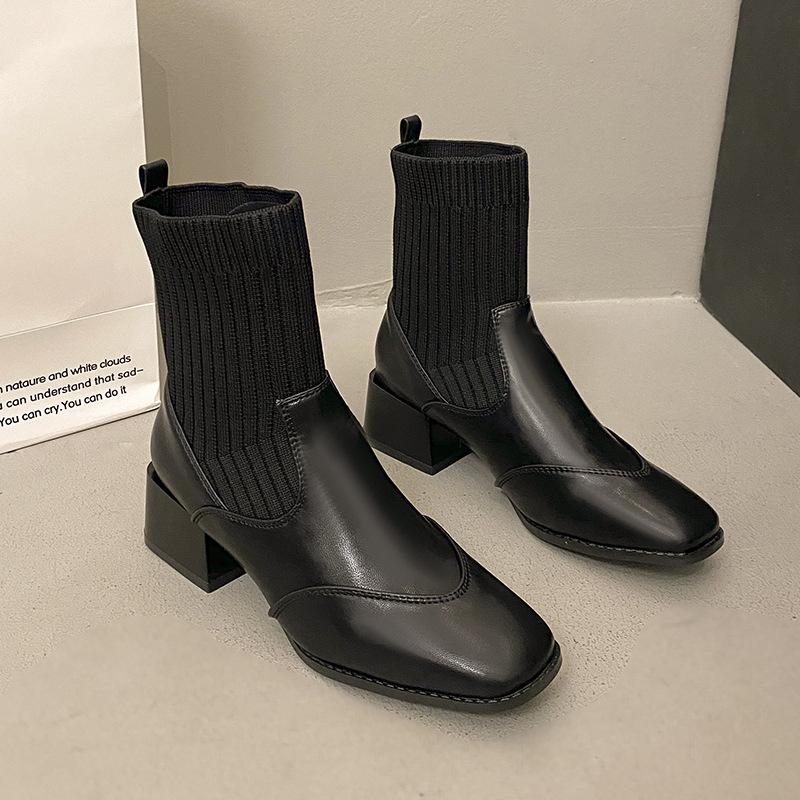 French Autumn and Winter Knitted Tube Thick Heel Short Boots Women's Medium Heel Thin Boots Brown Bare Boots Martin Boots Elastic Socks Boots