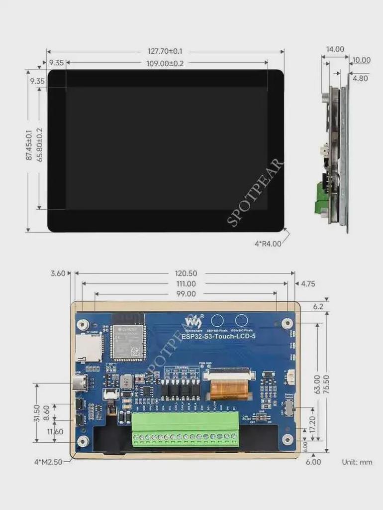 ESP32 S3 Dev Board with 5" 1024x600 Touch LCD, LVGL, CAN/RS485, and Sensor.