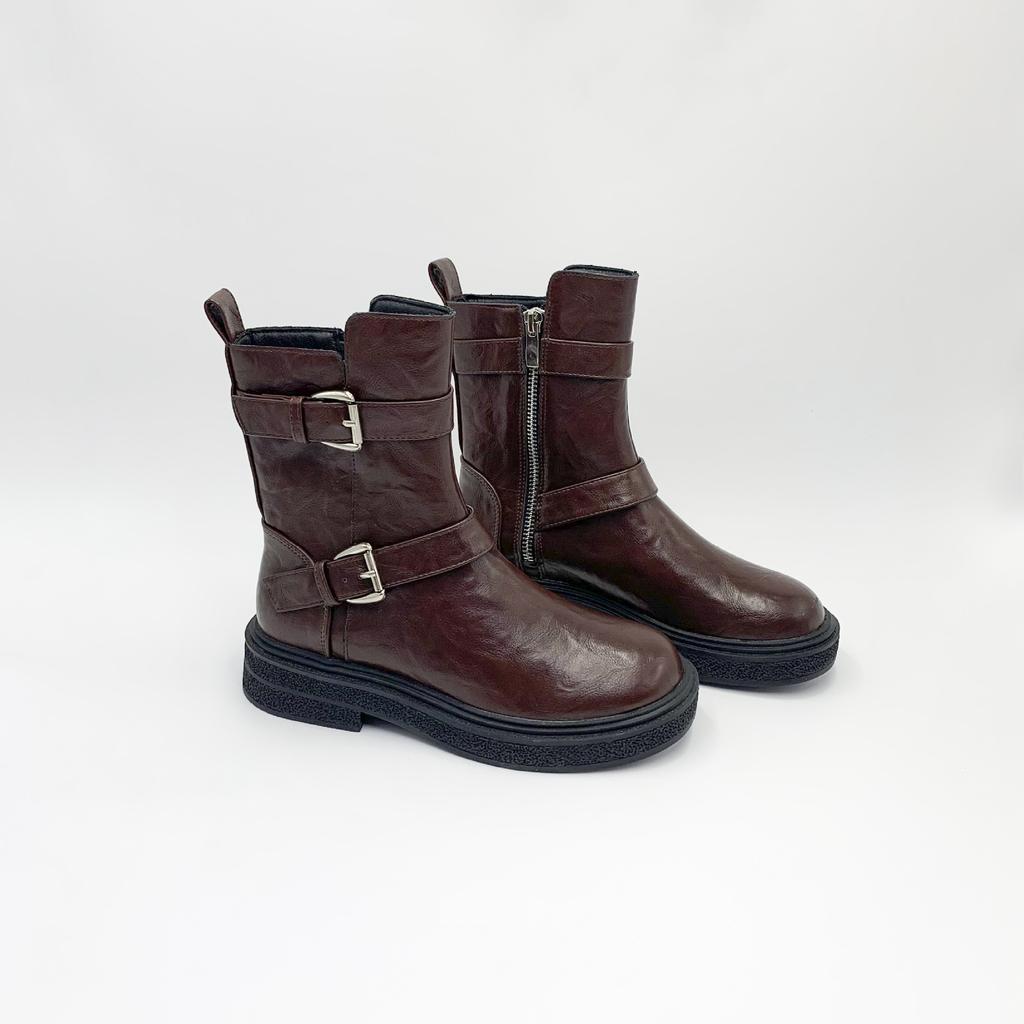 Spot Second Hair! Fashion Versatile New Washed Shrinkage Horse Leather Buckle with Side Zipper Thick Heel Martin Short Boots Women's Autumn