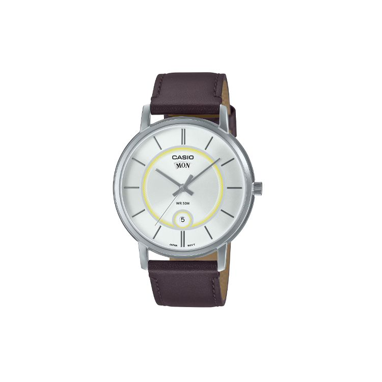 Casio Standard Series 50M Water Resistant Quartz Watch Leather Strap Men watches Silver MTP-B120L-7A Silver Dial