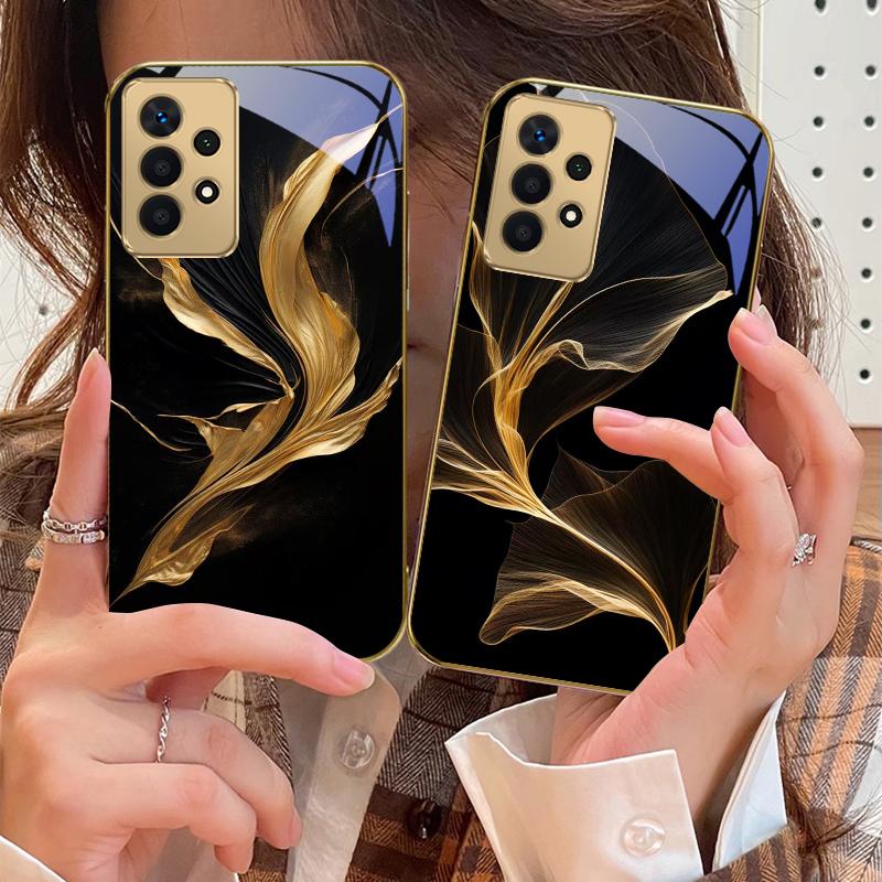 Floating Golden Ribbon For Samsung A 01 52S A04 A05S A10 A12 13 22 23 24 36 42 M02 Note 10 20Ultra 8 9 Golden Glass Phone Case