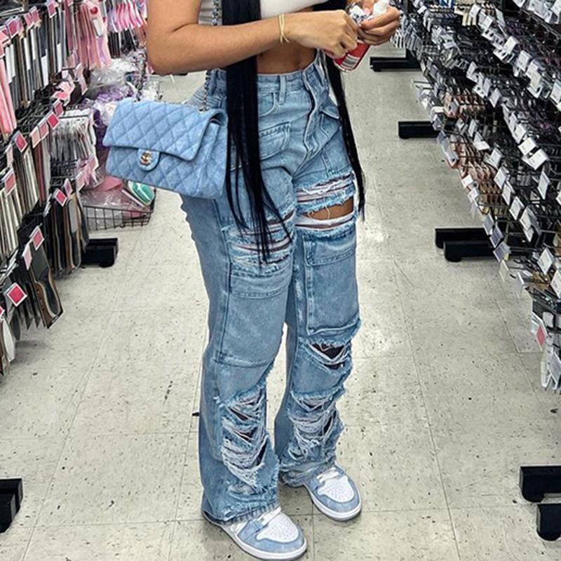 Jeans Donna LAIYUTING A Gamba Larga E Zampa - Pantaloni Casual Strappati, Vita Media, Blu Scuro, Denim Elasticizzato