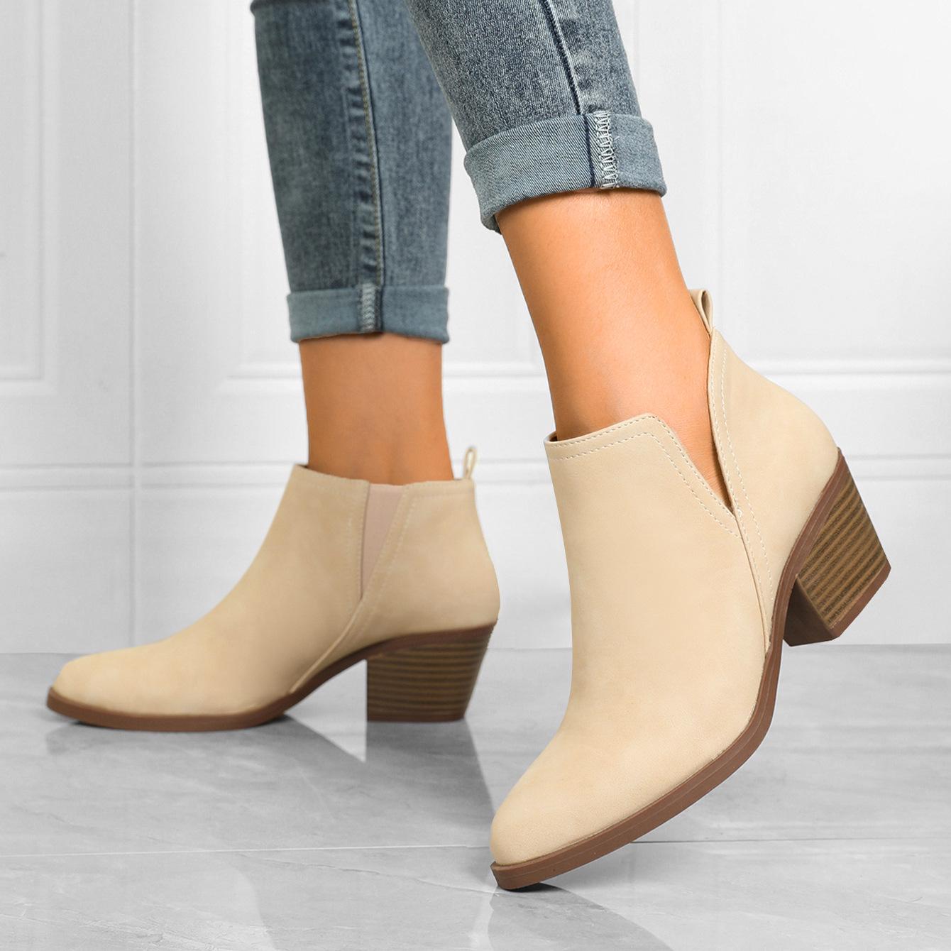 Stylish Women s Pointed Toe Chunky Heel Ankle Boots - V-Neck Slip-On Chelsea Design US11