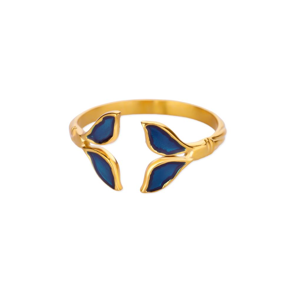 Fashion Blue Wing Rings For Women Gold Color Stainless Steel Adjustable Fish Tail Ring Aesthetic Wedding Christmas Jewelry Gift