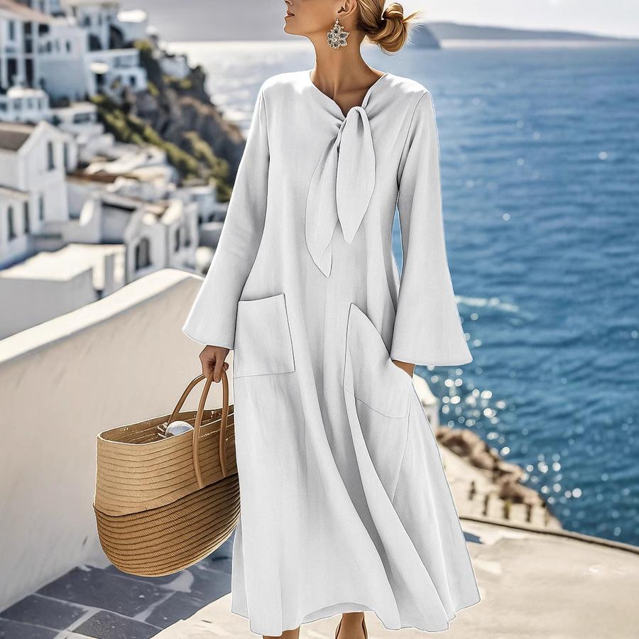 New Women's Casual Loose Fashion Solid Color Cotton Linen Crew Neck Long Sleeve Pocket Dress