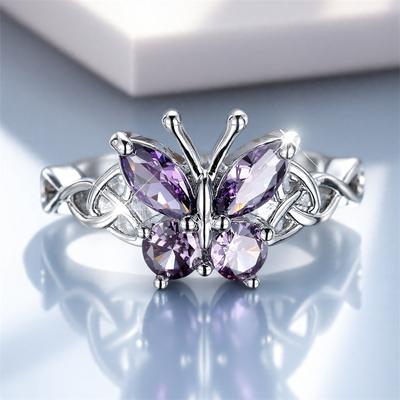 Cute Female Purple Zircon Stone Cute Butterfly Ring CopperColor Cross Engagement Charm Wedding Jewelry For Women