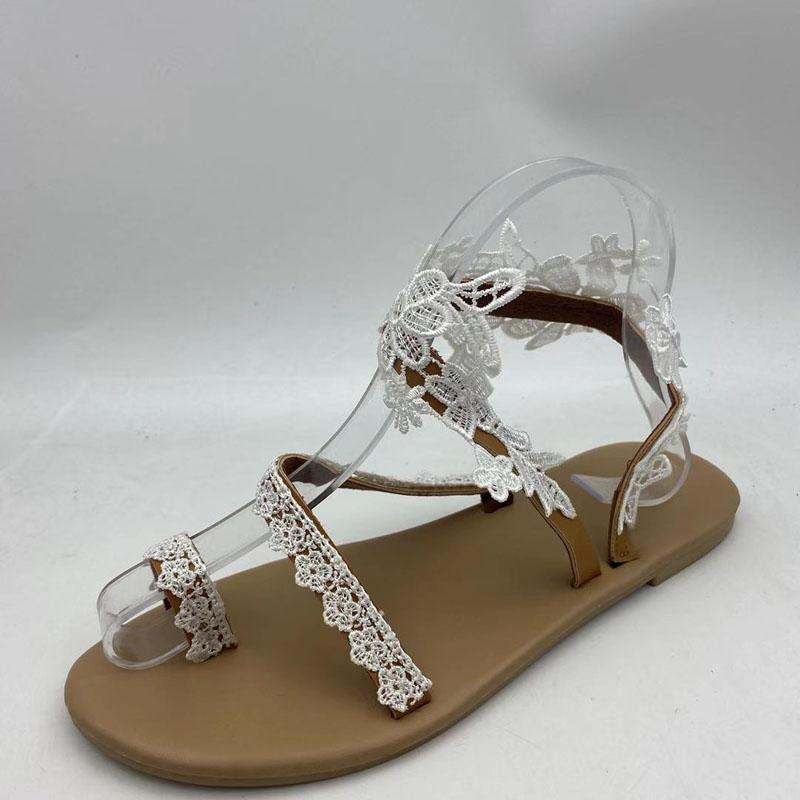 2025 Women Flat Shoes Summer New Lace Flower Sandals Open Toe Bresthable Flat Beach Shoes Women Floral Roman Slippers WSH3628-1