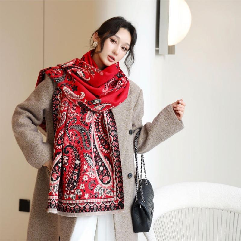 

Осенне-зимняя верхняя накидка Двусторонний жаккардовый шарф из искусственного кашемира Женский универсальный темпераментный длинный шарф с кисточками Утепленный теплый шарф 190cm